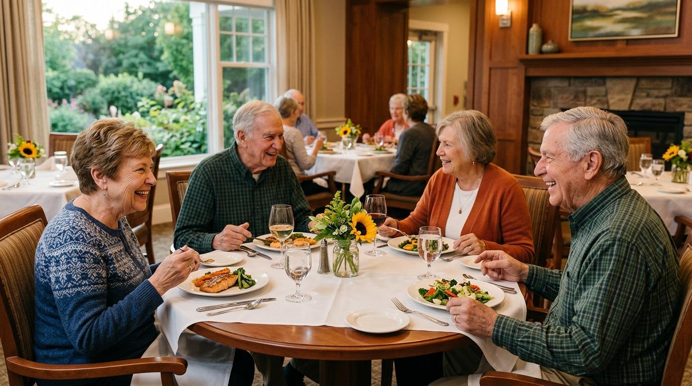 A group of smiling seniors dining together in assisted living.