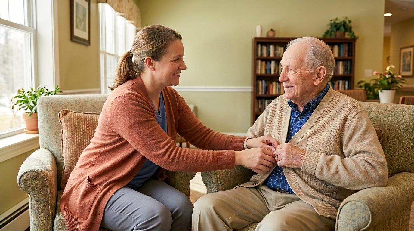 A smiling senior receives personalized care assistance from a compassionate caregiver in a warm assisted living community.