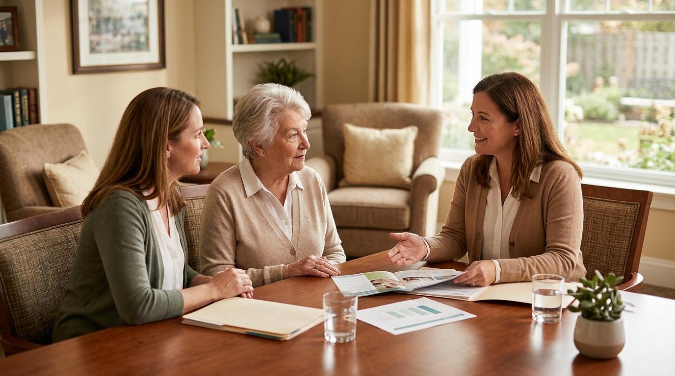 A senior with a family member has a chat about the cost of assisted living with the staff of a community.