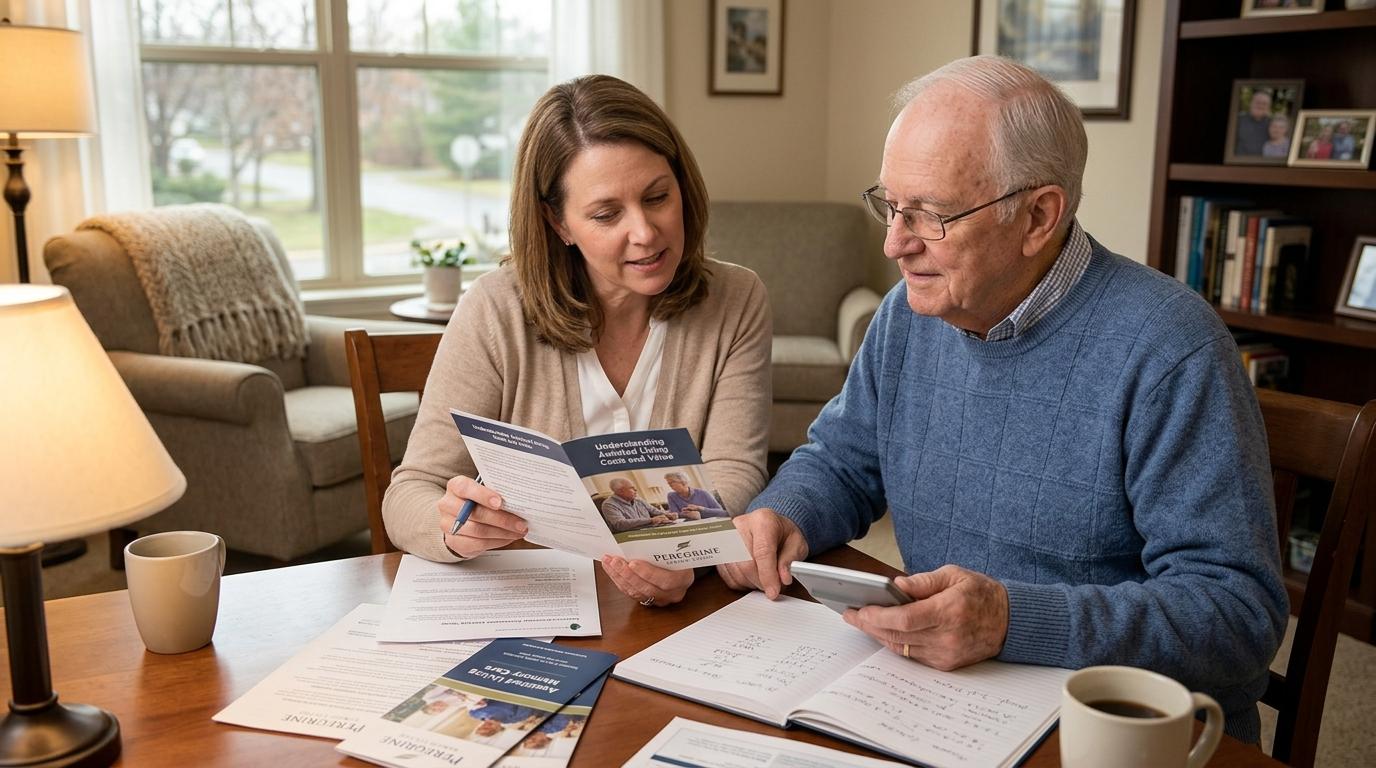 A family member helps a senior calculate the cost of assisted living.