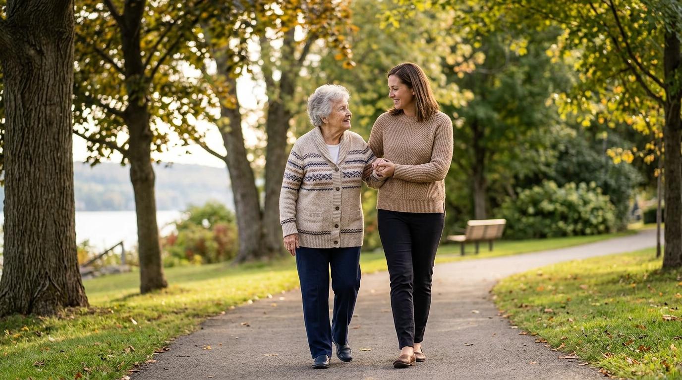 A compassionate caregiver helps a senior with a walk.