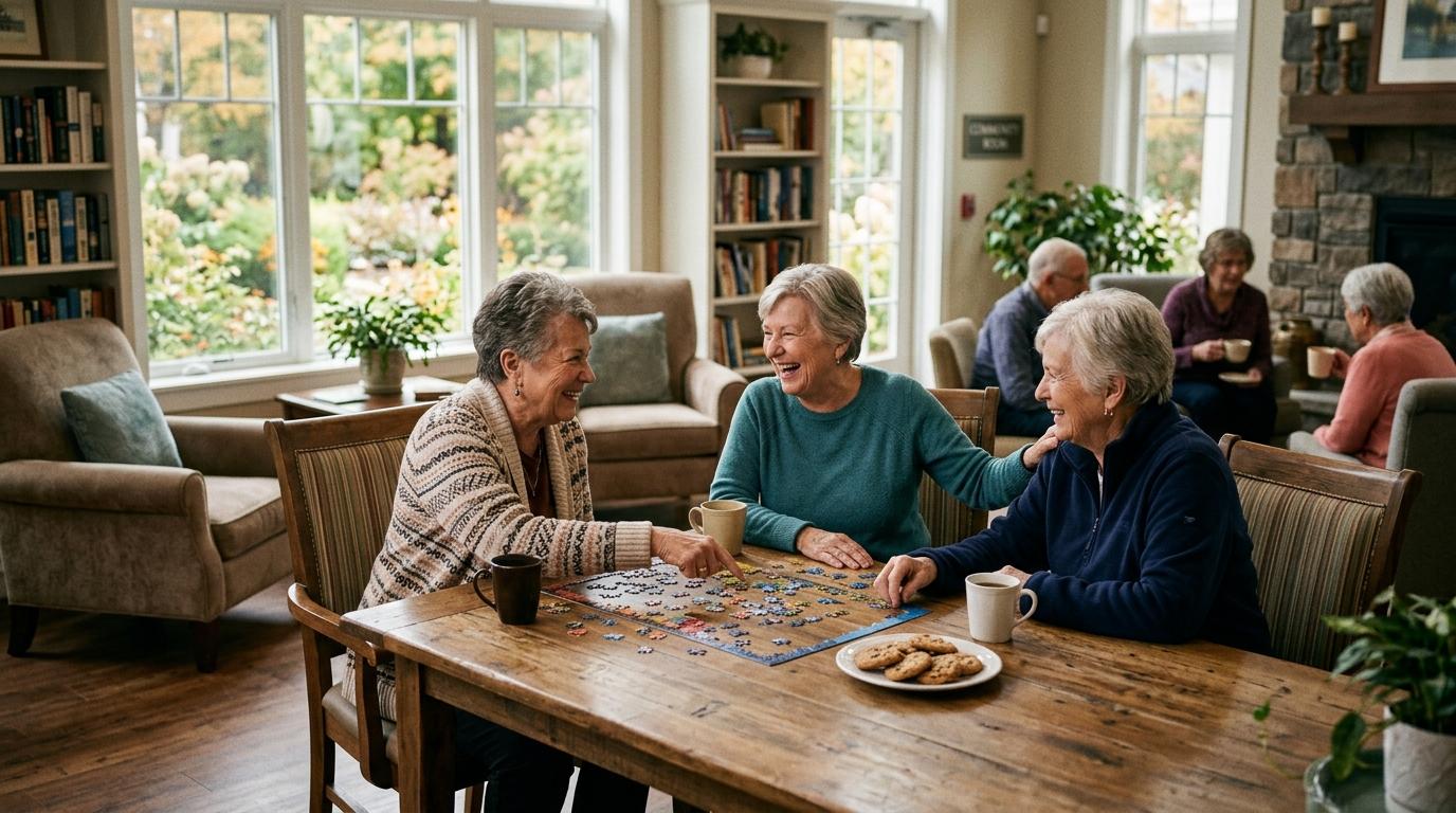 A group of smiling seniors enjoy a puzzle together in an assisted living community.