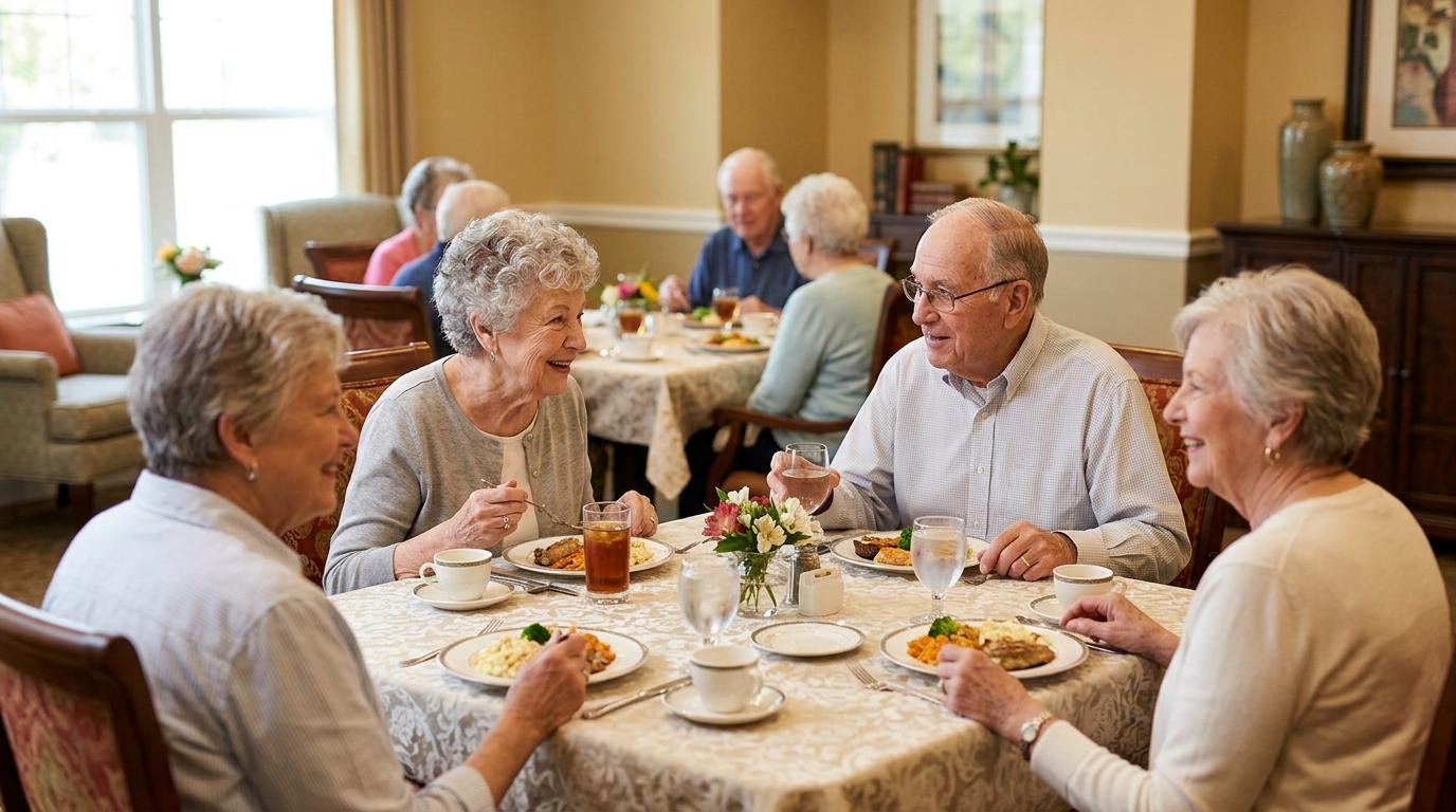 Seniors enjoying a meal together in senior living community