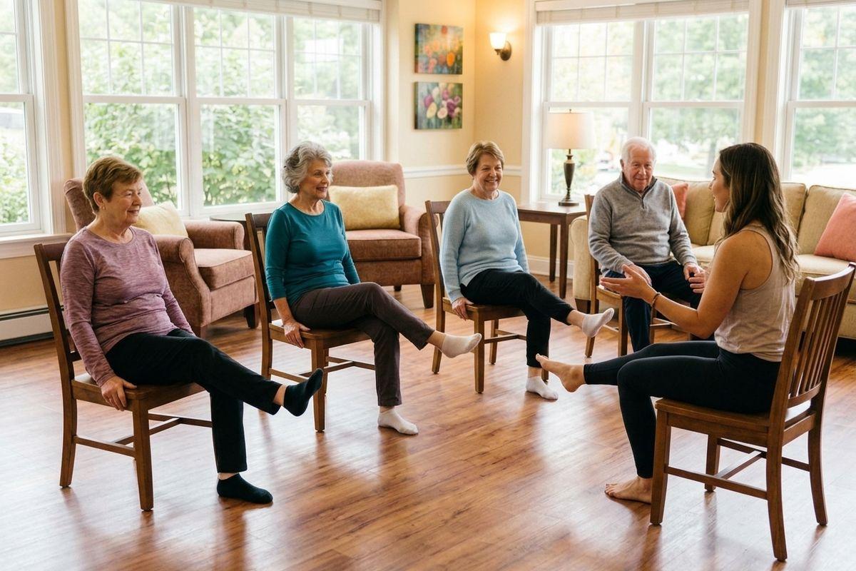 Seniors seated in a circle on wooden chairs doing chair yoga exercises in a bright room, led by a younger adult facing four smiling older adults.