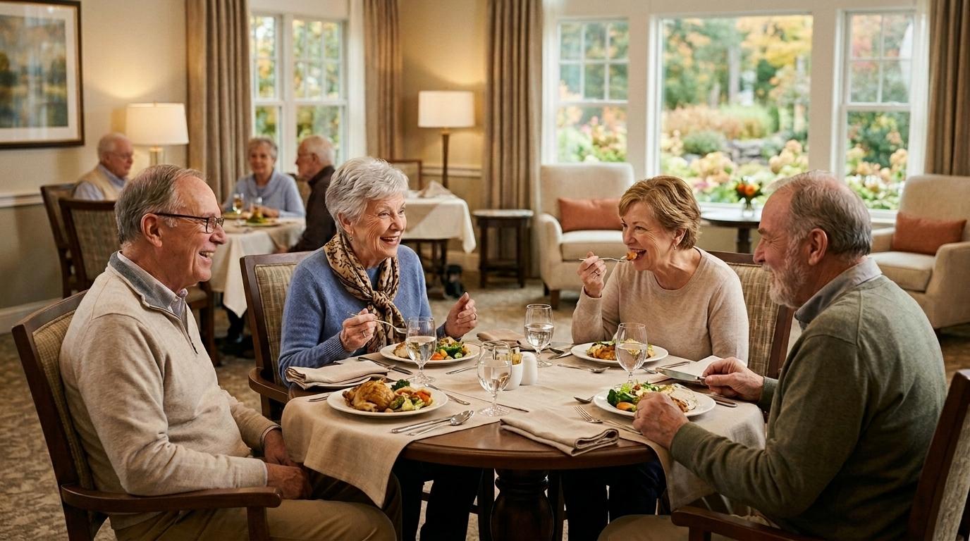 A group of seniors enjoy a meal together in a senior living community dining room.