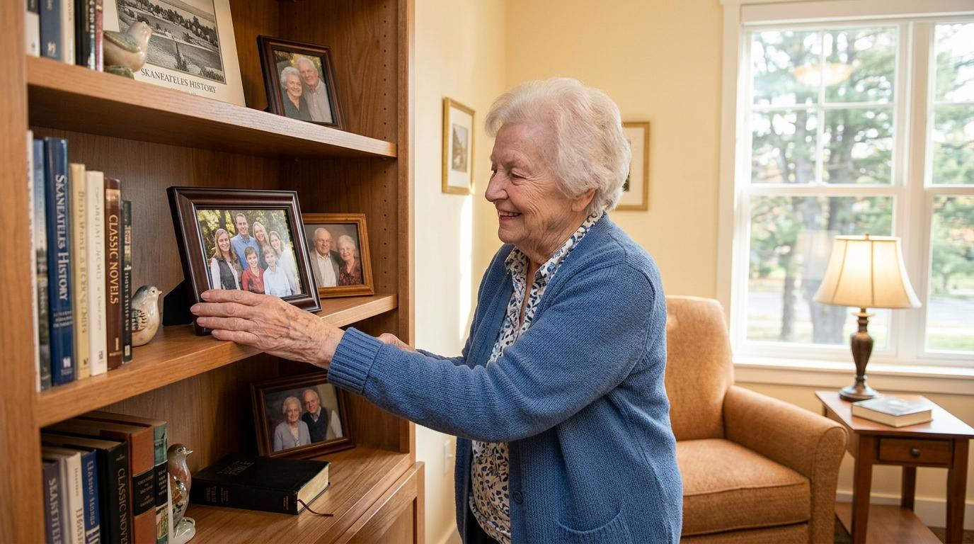 A senior decorates their senior living apartment with family pictures on a bookshelf.