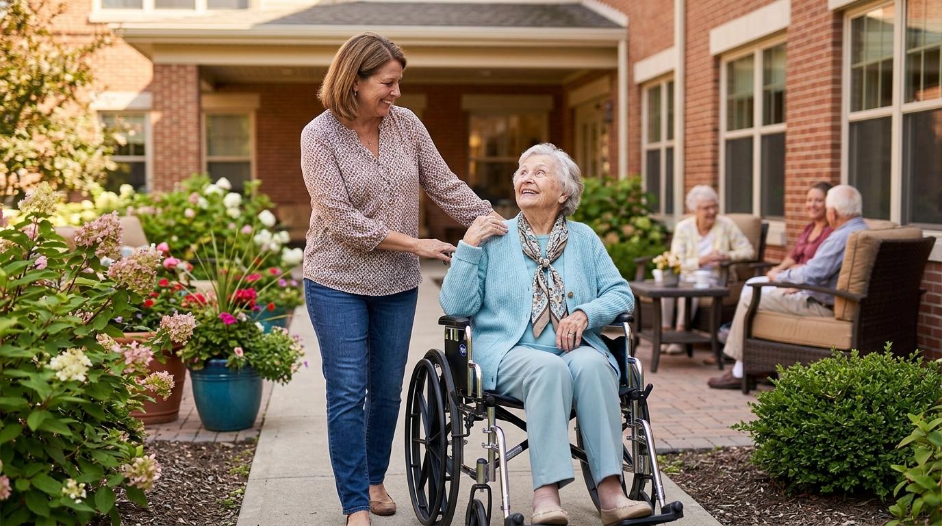 A younger woman pushes a senior in a wheelchair through a sunlit garden.