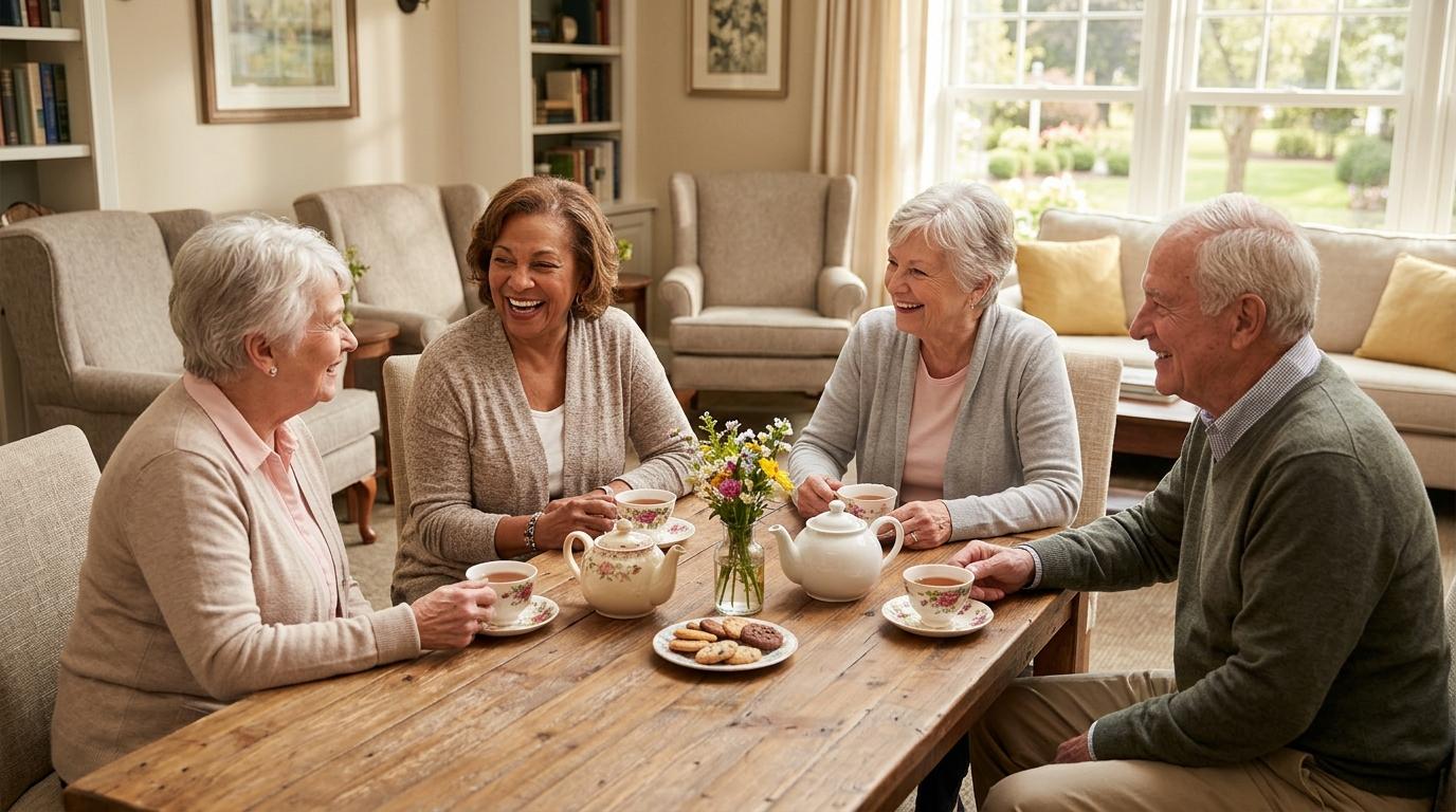 A group of seniors gather around a wooden table and converse over cookies and tea.